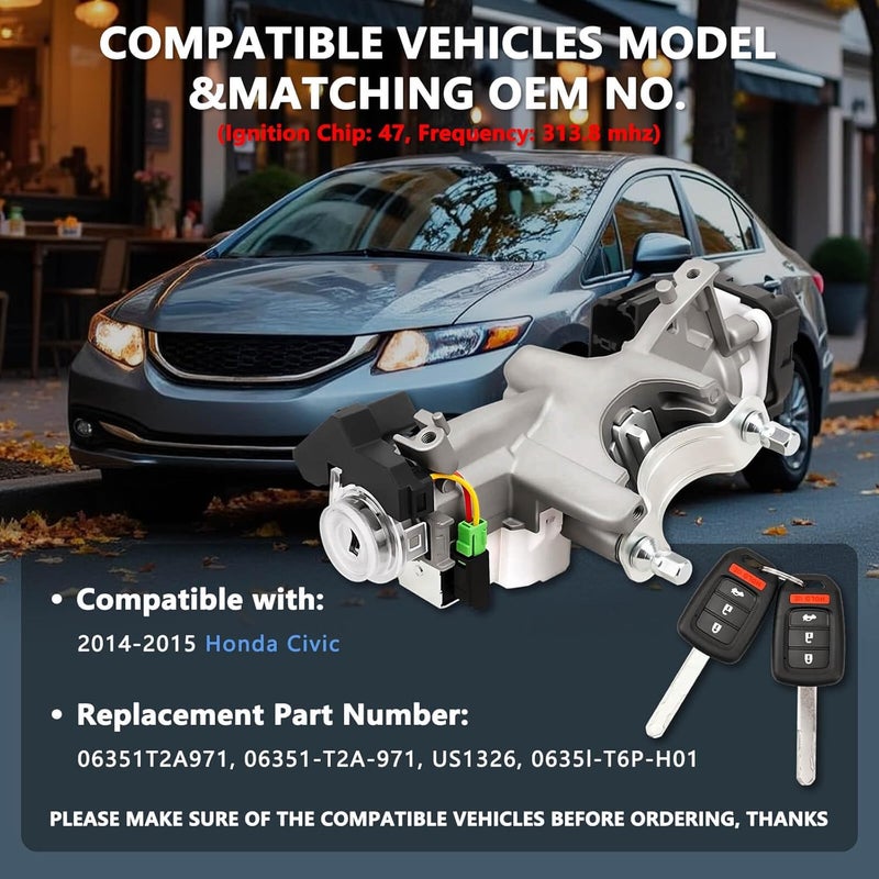 RAMATA 0635lT6PH01 06351-T6P-H01 Ignition Switch Lock Cylinder with Key (with Blank Chip) Compatible with 2014 2015 Honda Civic 1.8L, Replace # US1326 (Ignition Chip: 47,Frequency: 313.8Hz) - Image 3